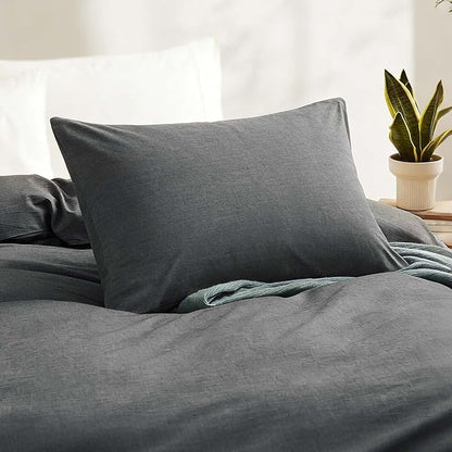 LOVQUE 100% Washed Cotton Duvet Cover Twin Size, Grey Fade-Resistant Natural Bedding Set (No Comforter), 68x90 Inches
