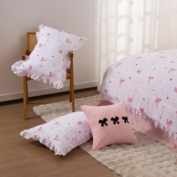 A Nice Night Polka Dot Bow Comforter Set,6 Piece Bed in a Bag Chic Bowknot Bedding Sets,Princess Style,White Room Decor for Girls,Full