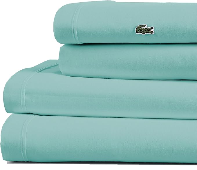 Lacoste 100% Cotton Percale 3-Piece Sheet Set – Cool, Crisp, Matte, and Durable, Oeko-Tex Certified – Solid, Water Blue, Twin XL