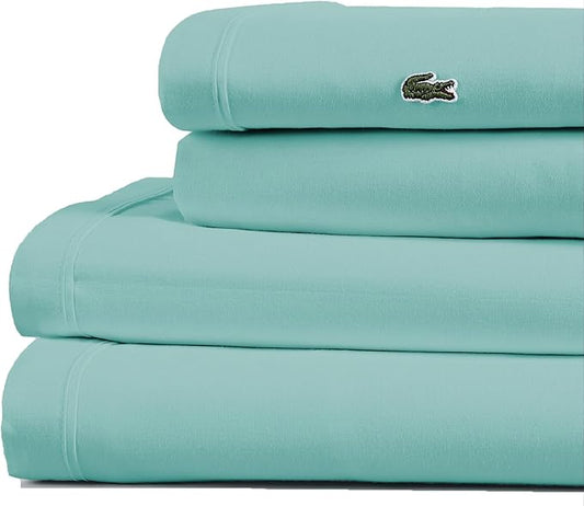 Lacoste 100% Cotton Percale 3-Piece Sheet Set – Cool, Crisp, Matte, and Durable, Oeko-Tex Certified – Solid, Water Blue, Twin XL