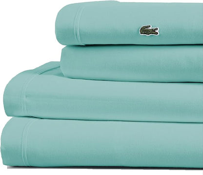 Lacoste 100% Cotton Percale 4-Piece Sheet Set – Cool, Crisp, Matte, and Durable, Oeko-Tex Certified – Solid, Water Blue, California King