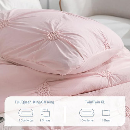 Swift Home King Baby Pink Rose Blush Comforter Set - Ruched 3D Floral Pintuck Bedding Set - 3 Pieces Bed Linen, 1 Comforter and 2 Pillow Shams