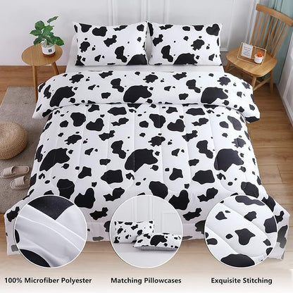 PERFEMET 3Pcs Cow Print Comforter Set King Size Black and White Cute Geometric Cow Bedding Set Soft Reversible Plaid Grid Bed Quilted Set for Kids Teens Boys Girls