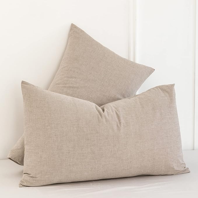 MooMee Bedding Pillowcases Pack of 2 100% Washed Cotton Linen Like Textured Breathable Durable Soft Comfy (Heathered Taupe, Standard)