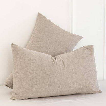 MooMee Bedding Pillowcases Pack of 2 100% Washed Cotton Linen Like Textured Breathable Durable Soft Comfy (Heathered Taupe, Queen)