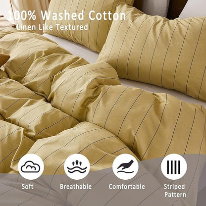 Merryword Yellow Striped Duvet Cover Set Queen Size, Natural Cotton Bedding Set with Zipper Closure & 8 Corner Ties, Soft Breathable Luxury Linen Like Bedding for All Seasons