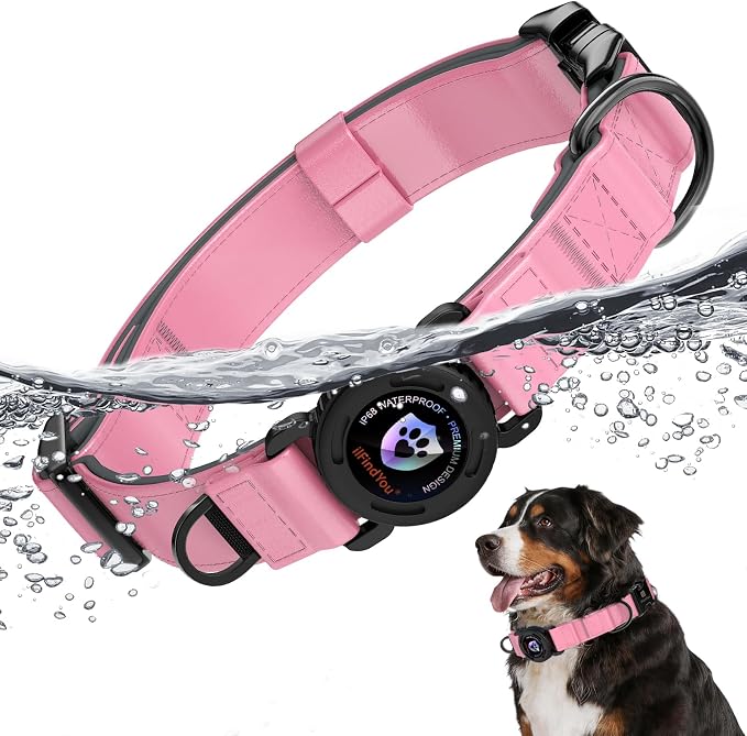 Airtag Dog Collar, Dog Collar with airtag Holder, IP68 Waterproof Leather Dog Collar with Metal Buckle & Lockable Airtag Holder, Heavy Duty Adjustable for Small Medium Large Dogs (Pink L)
