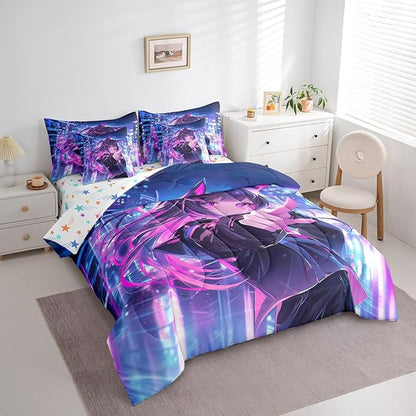 Erosebridal Kids Anime Girl 7 Piece Comforter Set Queen Bed in A Bag, Japanese Anime Bedding Sets, Cartoon Girl Sheet Set with Comforter for Boys Teens Adult, Kawaii Japanese Animation Bed Sets
