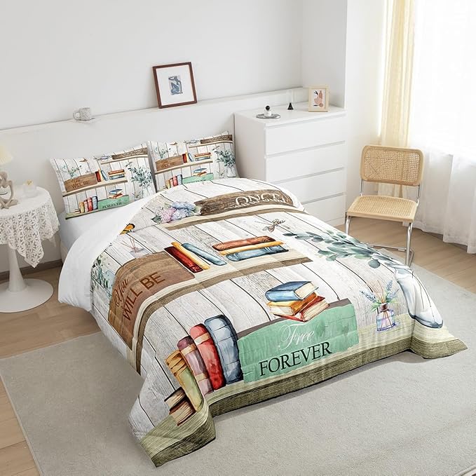 Castle Fairy Watercolor Books Bedding Set for Boys Girls,Reading Time Girls Women All Season Cozy Comforter Set Full Size,Rustic Farmhouse Style Floral Leaves Duvet Set Bedroom Décor,Gift for Kids