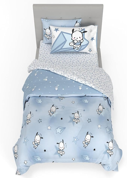 Sanrio Pochacco Bedding 5 Piece Super Soft Cozy Reversible Comforter and Sheet Set with Sham, Twin, (Officially Licensed Product) By Franco