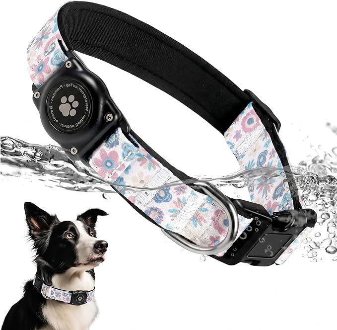 Upgrade Dog Collar with AirTag Holder, IP68 Waterproof, Boho Bloom, M | Built-in Water Resistant AirTag holder, 1000D Nylon, Reflective Stitching for Night Visibility, Soft padding for Comfort