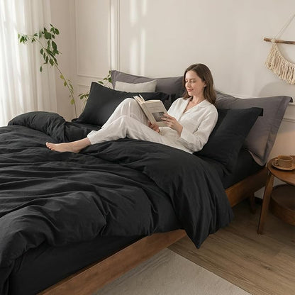 Black Duvet Cover King Size 100% Washed Cotton Bedding Set Cover 1 Duvet Cover with Zipper Closure and 2 Pillowcases, 104inch x 90inch
