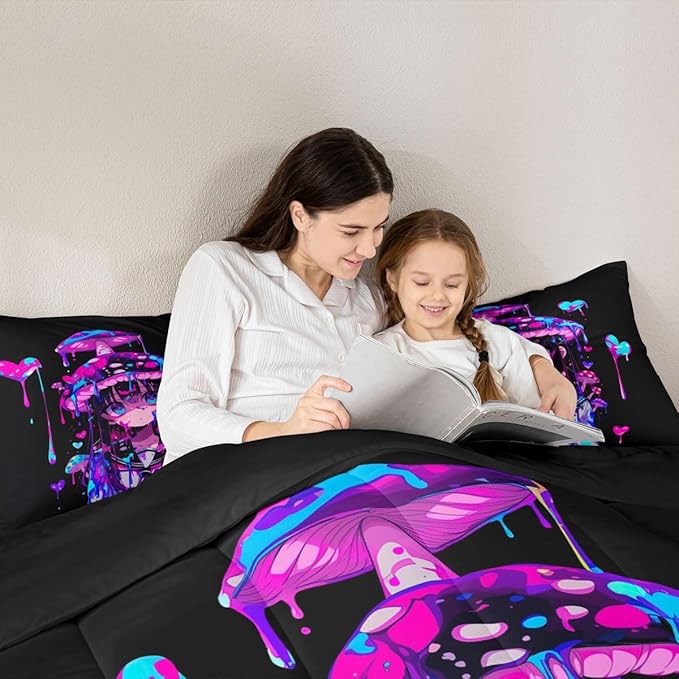 Erosebridal Mushroom Girl Comforter Set for Kids Boys Girls 3D Japanese Girly Bedding Watercolor Graffiti Duvet Set Cute Anime Gifts Comforter King with 2 Pillowcases