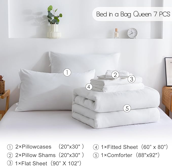 COTTEBED Ultra-Soft Queen Bed Set with Comforter and Sheets - 7 Pieces Bed in a Bag Lightweight All Season, Aesthetic Boho Hotel Polycotton Queen Down Comforter and Bedding Sheet Set Pillowcase White