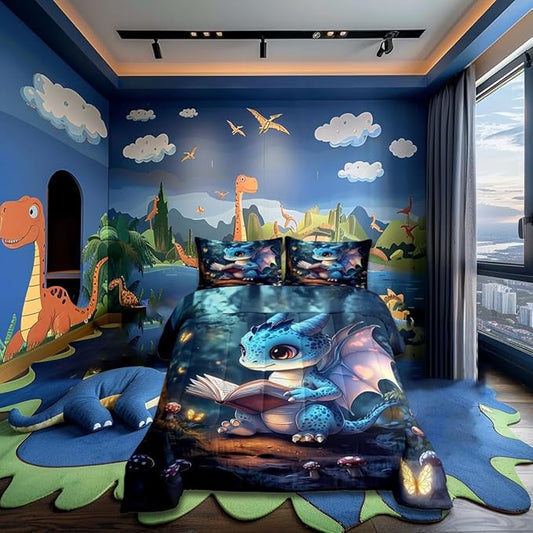 3D Cartoon Dragon Bedding Set Full Size Western Fairy Tale Comforter for Child Teens Sparkling Pink Butterfly Down Comforter Mysterious Jungle Duvet Insert with 2 Pillowcases