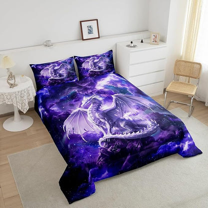 3D Dragon Comforter Set Queen Size,Galaxy Starry Sky Bedding Set for Kids Boys Girls Room Decor,Glitter Nebula Outer Space Duvet Insert 3Pcs,Western Magical Animal Purple Quilt Set,2 Pillowcases