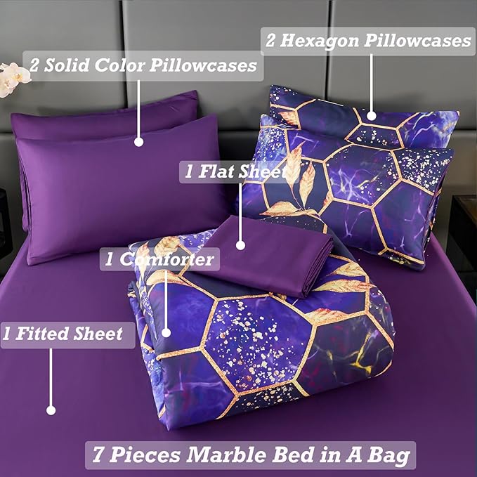 ANGIYUIN Purple Gold Comforter Set California King Size, Marble Gold Leaves Printed Bedding Comforter Set, 7 Pieces Hexagon Honeycomb King Bed in A Bag with Sheets for All Season