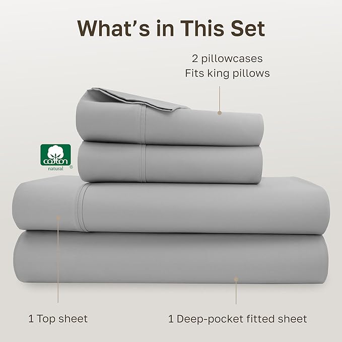 California Design Den Soft 100% Cotton Sheets King Size Set, 400 TC Good Housekeeping Award Winner, Silky Smooth Sateen Weave with Deep Pockets, Breathable and Durable Cotton Bedding Set - Light Grey