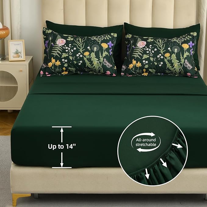 Yiran Queen Comforter Set 7 Piece, Dark Green Floral Bedding Set, Bed in a Bag Queen with Botanical Flowers Patterns, Soft Lightweight Complete Comforters with Sheets for All Season