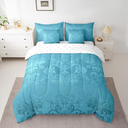 Erosebridal Gothic Damask Bed in a Bag King Size Comforter Set 7 Pieces,Sun Moon Tree of Life Bedding Sets Teal Victorian Floral Goth Sheet Set with Comforter