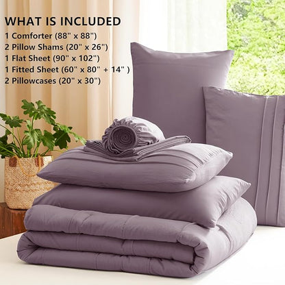 CozyLux Queen Comforter Set Dusty Purple, 7 Pieces Soft Pinch Pleat Bed in a Bag Queen Comforter Set with Sheets, Boho Bed Set with Down Alternative Comforter, Sheets, Pillowcases & Shams