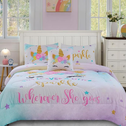 Cokouchyi Twin Comforter Set for Girls, 5-Piece Bed in a Bag, 3D Colorful Unicorn Bedding Comforter Sheet Set, Ultra Soft and Fluffly, Pink & Rainbow Color
