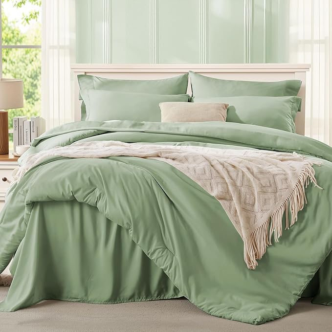 Anluoer Sage Green King Comforter Set 7 Pieces, Bed in a Bag with Sheets, All Season Bedding Sets with 1 Comforter, 2 Pillow Shams, 2 Pillowcases, 1 Flat Sheet, 1 Fitted Sheet