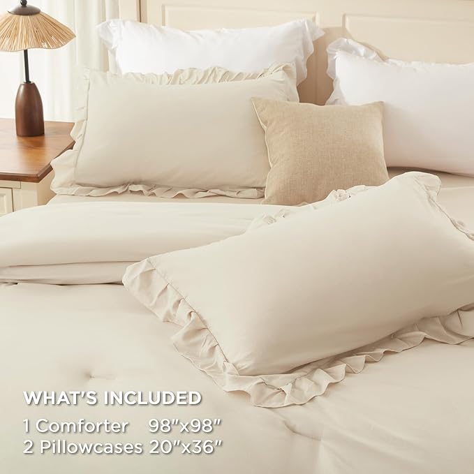 Andency Oversized Queen Ruffle Comforter Set, 3 Pieces Shabby Chic Farmhouse Bedding Set, Lightweight Soft Comforter Set 98x98 for Girls Women (1 Comforter 2 Pillowcases), Beige