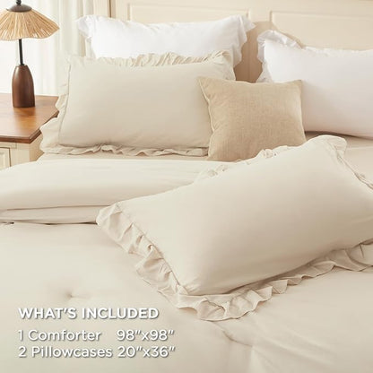 Andency Oversized Queen Ruffle Comforter Set, 3 Pieces Shabby Chic Farmhouse Bedding Set, Lightweight Soft Comforter Set 98x98 for Girls Women (1 Comforter 2 Pillowcases), Beige