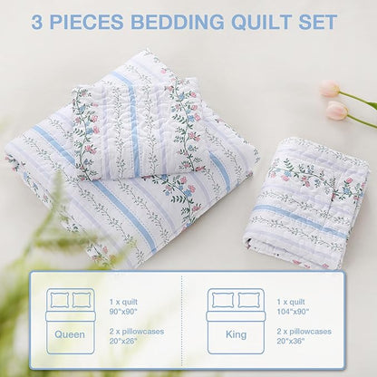 King Size Quilt Bedding Set, Farmhouse Floral Bed Quilts Lightweight Reversible Elegant Bedspreads Coverlets with 2 Pillow Shams (104"×90")