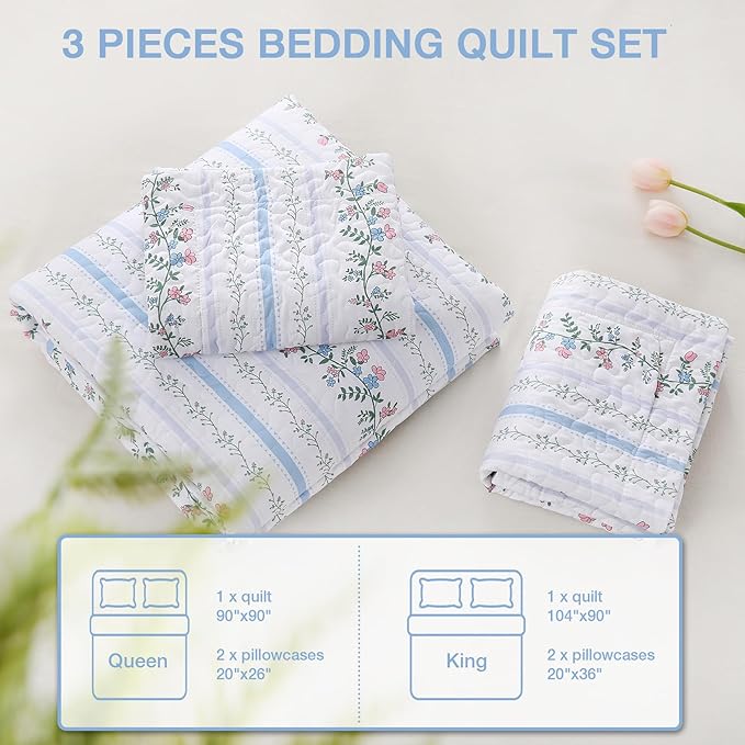 Queen Size Quilt Bedding Set - Vintage Floral Quilts for Bed Lightweight, Farmhouse Reversible Bedspreads Quilted Coverlets with 2 Pillow Shams for All Seasons (90"×90")