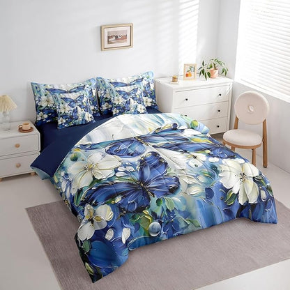Erosebridal 7 Piece Blue Butterfly King Bedding Set with Sheets for Girls White Flowers Oil Painting Boho Bed in A Bag Retro Floral Butterfly Comforter Set,Aesthetics Bohemian Animal Bed Set