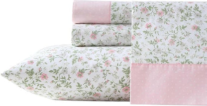Laura Ashley - Twin Sheet Set, Crisp & Cool Cotton Percale Bedding with Deep Pockets, Lightweight for Year Round Comfort, Bed Sheets with Matching Pillowcase (Bonnie Pink/Beige)