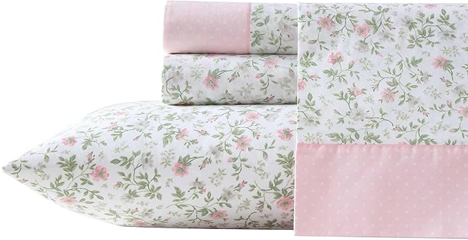 Laura Ashley - Queen Sheet Set, Crisp & Cool Cotton Percale Bedding with Deep Pockets, Lightweight for Year Round Comfort, Bed Sheets with Matching Pillowcases (Bonnie Pink/Beige)