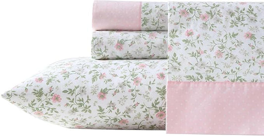 Laura Ashley - King Sheet Set, Crisp & Cool Cotton Percale Bedding with Deep Pockets, Lightweight for Year Round Comfort, Bed Sheets with Matching Pillowcases (Bonnie Pink/Beige)