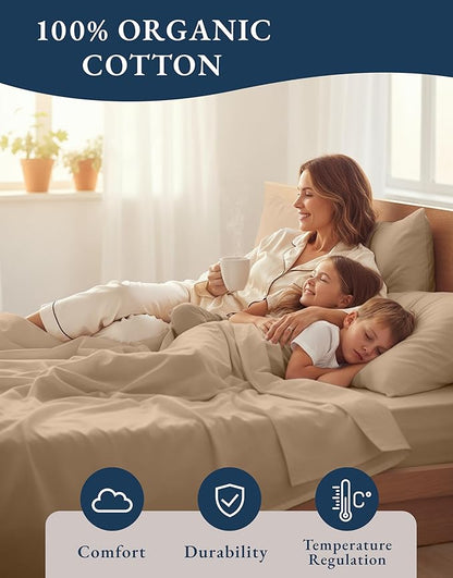 LANE LINEN 100% Organic Cotton Twin XL Sheets Set, Fully Elasticized Bed Sheets Set Twin XL Size Perfetct for Hospital beds, Deep Pocket Soft & Comfy Sheets Set Twin XL Size-Taupe