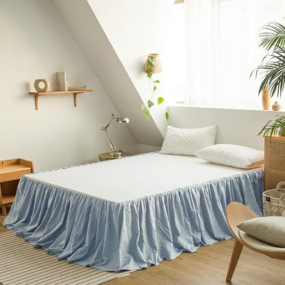BISELINA French Linen Bed Skirt with Pleated Frills 14-Inch Tailored Drop Natural Flax Cotton Blend Dust Ruffle Soft Cozy Farmhouse Bedding (14" Queen, Dusty Blue)