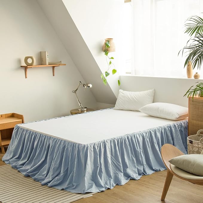 BISELINA French Linen Bed Skirt with Pleated Frills 22-Inch Tailored Drop Natural Flax Cotton Blend Dust Ruffle Soft Cozy Farmhouse Bedding (22" King, Dusty Blue)