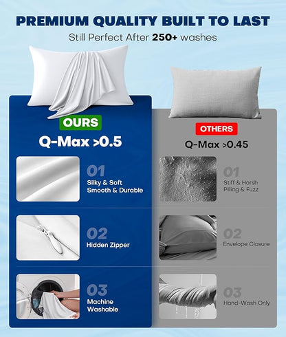 Ultra-Chill Cooling Pillowcase Set of 2 for Hot Sleepers, Softer Than Silk Pillow Cases for Protecting Hair & Skin, Breathable Bed Pillow Covers w/Zipper, Gifts for Women Men (White, Queen)