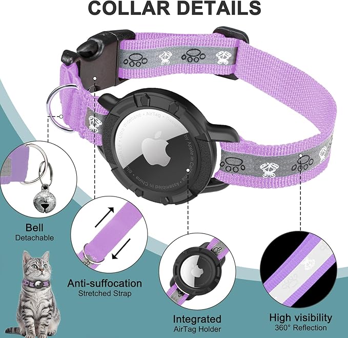 Reflective AirTag Cat Collar, Integrated Cat Collar with Air Tag Holder | Built in AirTag Holder, Adjustable 7-13in for Cats, Kittens and Puppies, Safety Elastic Band, Reflective for Night Walking