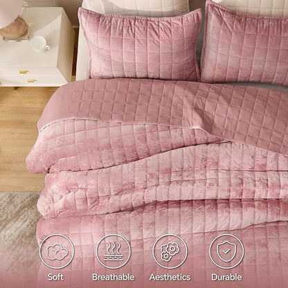 BEDELITE Velvet Quilt Set Queen Size - Luxury Velvet Comforter Bedding Set 3 Pieces, Lightweight Soft Cozy Rose Pink Oversized Bedspread Coverlet for All Seasons with 2 Pillow Shams
