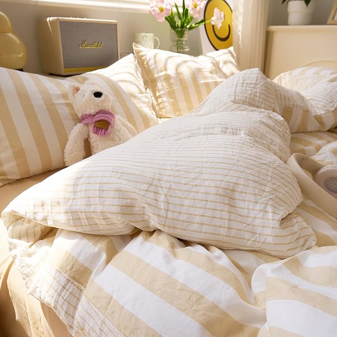 EAVD Beige Striped Duvet Cover Twin XL Soft Washed Microfiber Striped Reversible Bedding Set with 2 Pillowcases Modern Farmhouse Geometric Pattern Duvet Cover with Zipper Closure