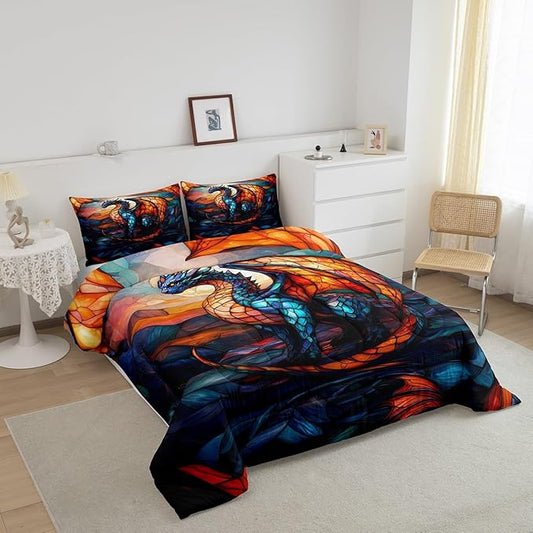 Feelyou Dragon Comforter Set King Size Dragon Stuff Comforter for Boys Girls Teens Wild Life Bedding Set Dragon Decor Duvet Set Room Decor Orange Blue Quilt Set