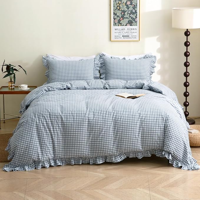 Light Blue/White Plaid Ruffle Duvet Cover King Size,100% Washed Cotton 3 Pieces Shabby Checkered Chic Gingham Bedding Set Comforter Cover Set