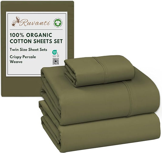 RUVANTI 100% Organic Cotton Sheets Twin Size, Percale Weave, GOTS Certified, 3-Piece Set, Deep Pocket 15", Crisp & Breathable, Soft Durable Bedding, Sábanas Algodón Orgánico – Olive