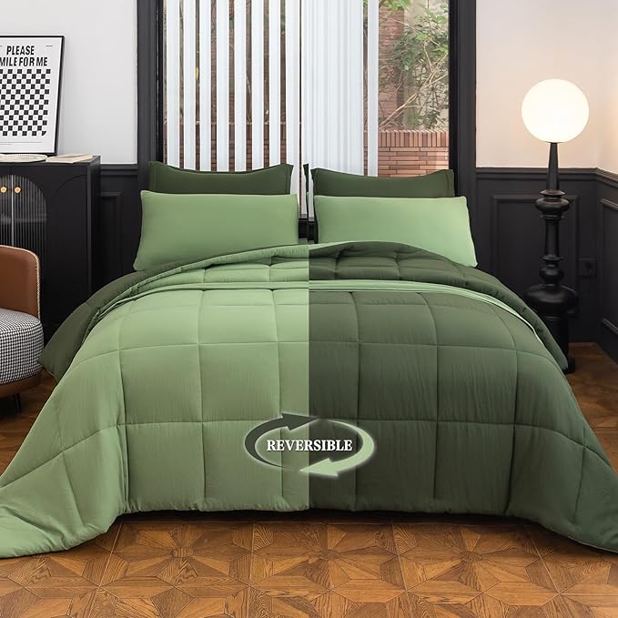 King Size Comforter Set - 8 Piece Dark Green All-Season Bedding with Breathable Reversible Down Lightweight Comforter, Bed Skirt, Flat Sheets, Pillowcases & Pillow Shams