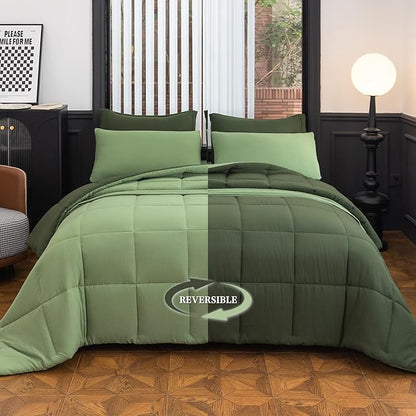 Twin XL Comforter Set - 7 Piece Green All-Season Bedding with Ultra Soft Reversible Lightweight Comforter, Bed Skirt, Flat Sheets, Pillowcases & Pillow Shams