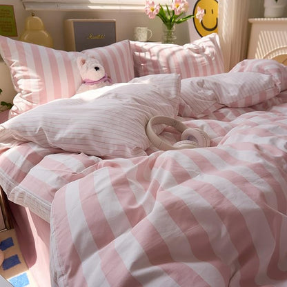 Peach Pink Striped Full Duvet Cover Set Boho Patterned Full Size Comforter Cover Farmhouse Aesthetic Preppy Cute Duvet Cover with Corner Ties Girls Bedding Set Washed Microfiber Duvet Protector