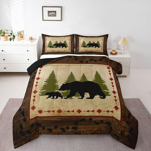 Erosebridal Bear Comforter Set Twin Size Rustic Farmhouse Wildlife Bedding Wild Animals Quilt Country Cabin Lodge Decor Down Comforter Nature Woodland Bear Paw Print Duvet Insert Brown Green