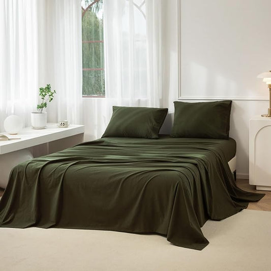 JIYUAN Full Size Sheet Set, 4-Piece - 100% Washed Cotton, Linen-Like Soft & Breathable, Includes Deep Pocket Fitted & Flat Sheet with 2 Pillowcases, Hotel Quality, Solid Olive Green